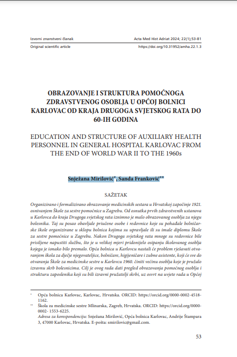 Education and structure of auxiliary health personnel in General Hospital Karlovac from the end of world war ii to the 1960s