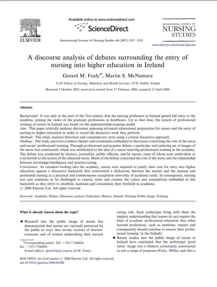 A discourse analysis of debates surrounding the entry of nursing into higher education in Ireland